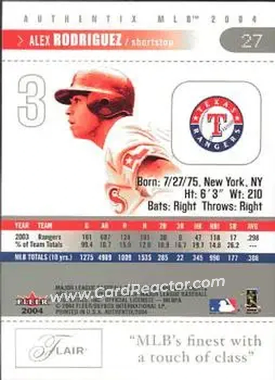 2004 Fleer Authentix #27 - Alex Rodriguez - Texas Rangers - Back