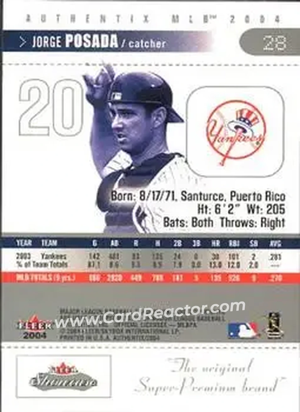 2004 Fleer Authentix #28 - Jorge Posada - New York Yankees - Back