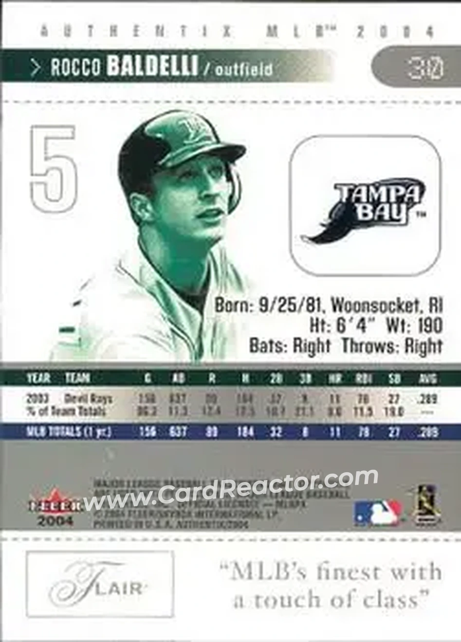 2004 Fleer Authentix #30 - Rocco Baldelli - Tampa Bay Devil Rays - Back 2004 Fleer Authentix #30 - Rocco Baldelli - Tampa Bay Devil Rays - Back
