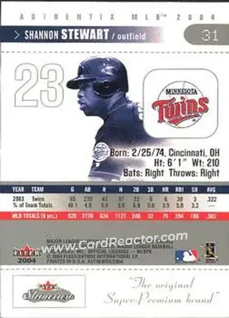 2004 Fleer Authentix #31 - Shannon Stewart - Minnesota Twins - Back 2004 Fleer Authentix #31 - Shannon Stewart - Minnesota Twins - Back