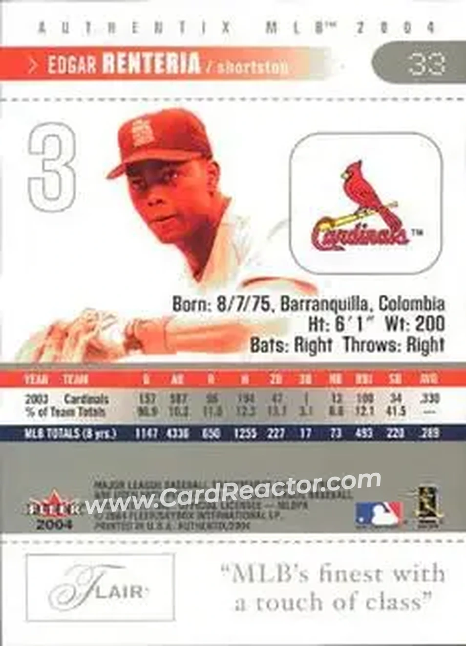 2004 Fleer Authentix #33 - Edgar Renteria - St. Louis Cardinals - Back