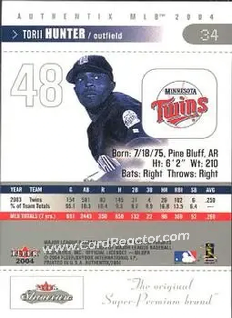 2004 Fleer Authentix #34 - Torii Hunter - Minnesota Twins - Back