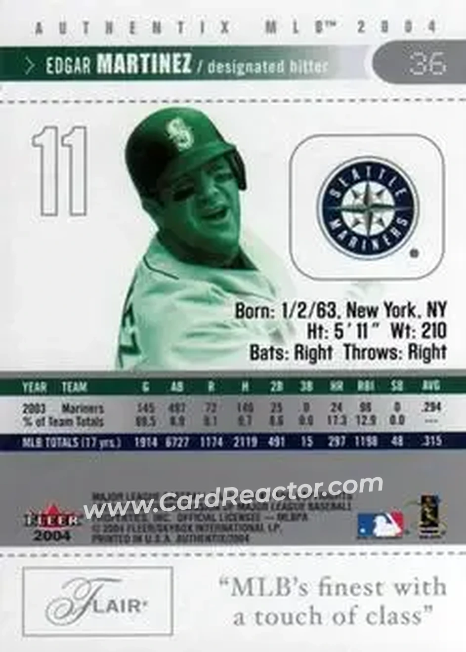 2004 Fleer Authentix #36 - Edgar Martinez - Seattle Mariners - Back