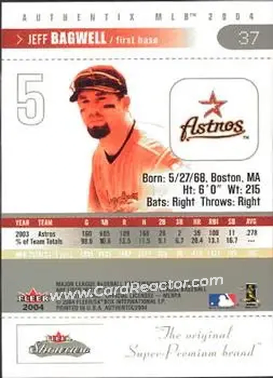 2004 Fleer Authentix #37 - Jeff Bagwell - Houston Astros - Back 2004 Fleer Authentix #37 - Jeff Bagwell - Houston Astros - Back