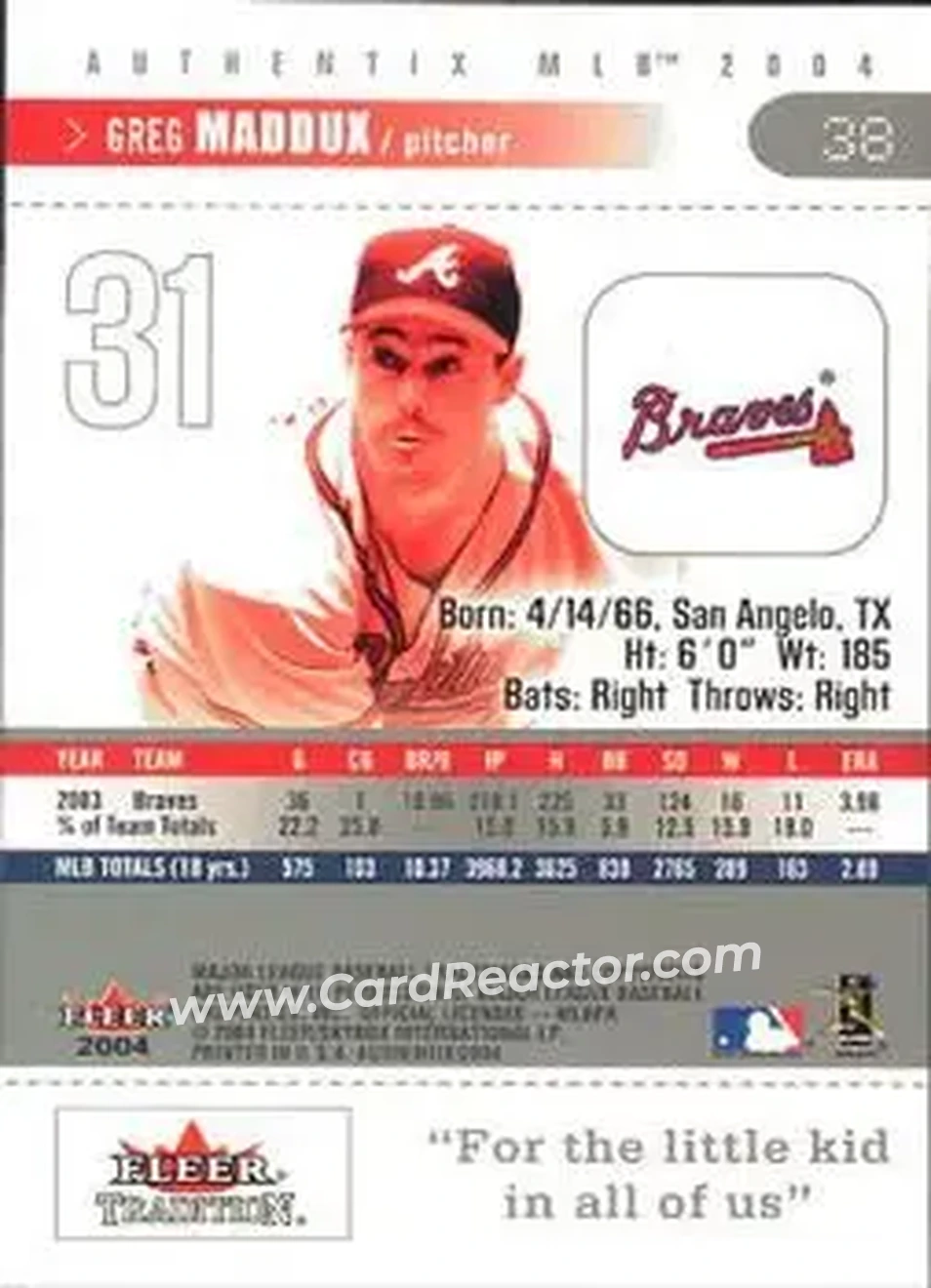 2004 Fleer Authentix #38 - Greg Maddux - Atlanta Braves - Back 2004 Fleer Authentix #38 - Greg Maddux - Atlanta Braves - Back