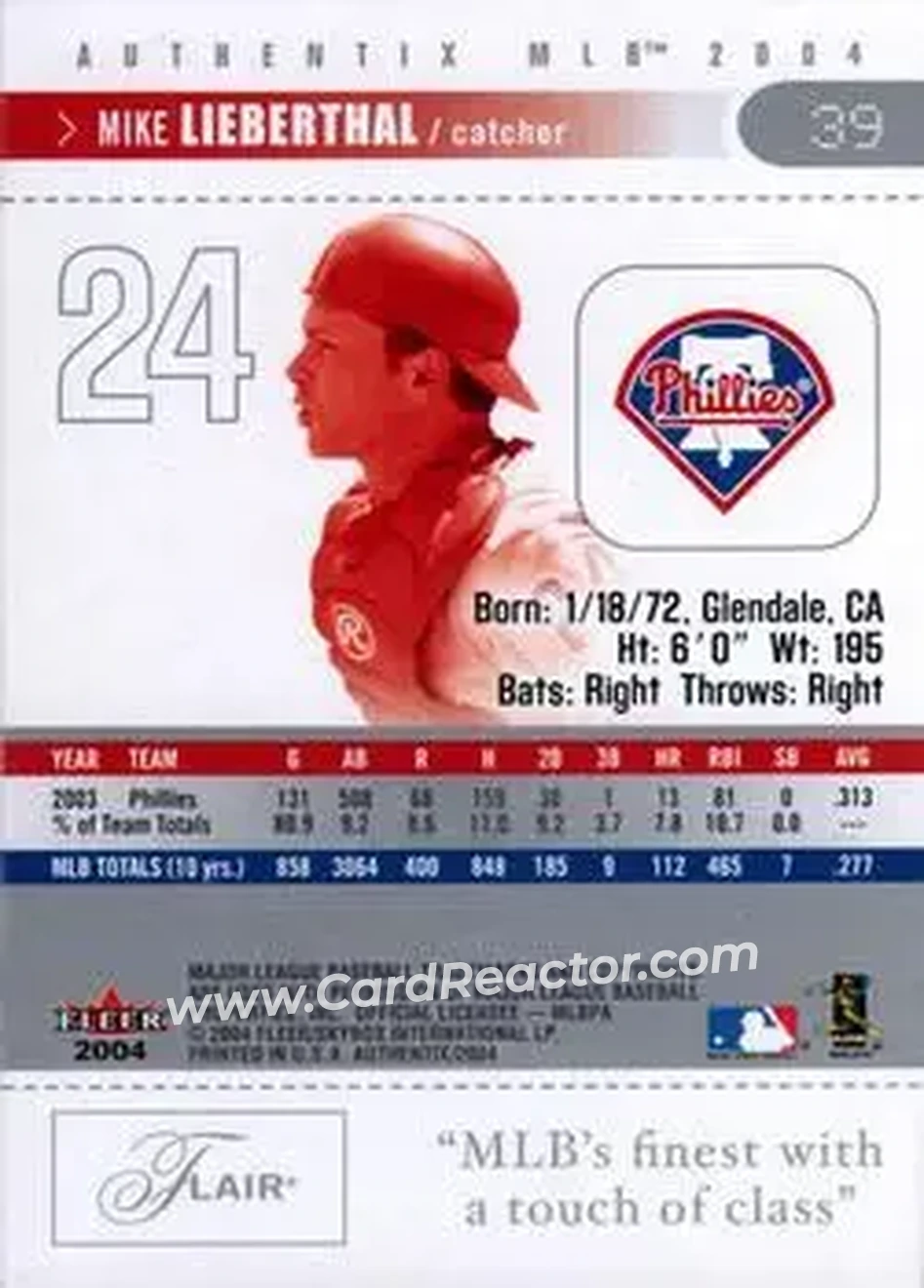 2004 Fleer Authentix #39 - Mike Lieberthal - Philadelphia Phillies - Back 2004 Fleer Authentix #39 - Mike Lieberthal - Philadelphia Phillies - Back