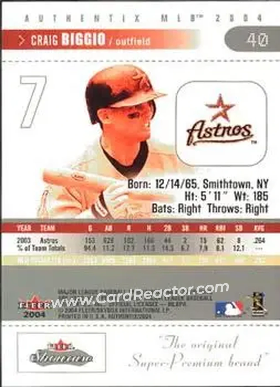 2004 Fleer Authentix #40 - Craig Biggio - Houston Astros - Back