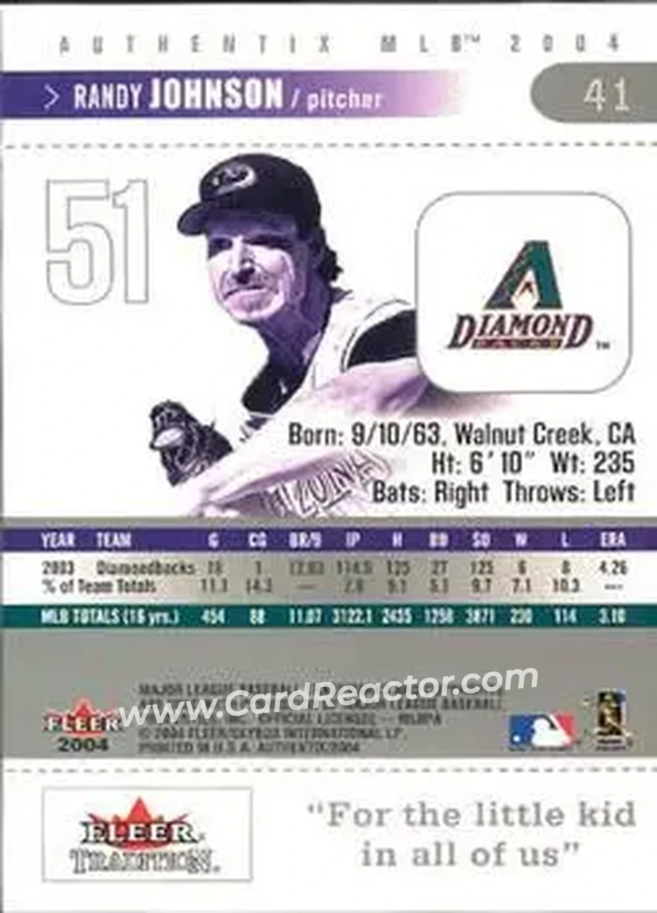 2004 Fleer Authentix #41 - Randy Johnson - Arizona Diamondbacks - Back