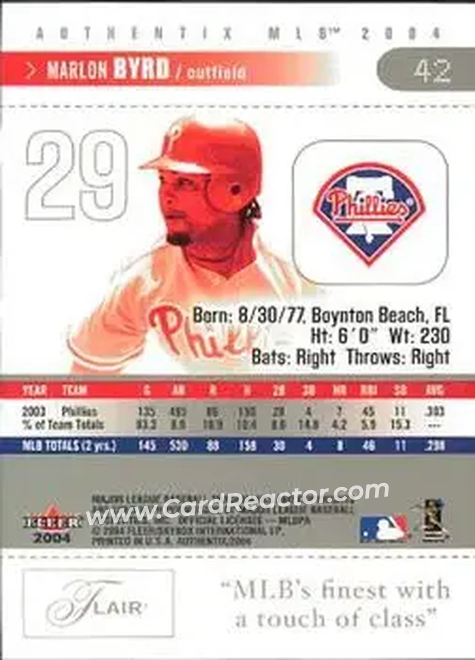 2004 Fleer Authentix #42 - Marlon Byrd - Philadelphia Phillies - Back