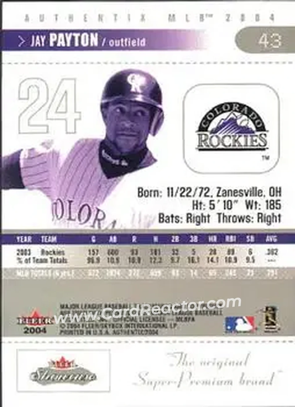 2004 Fleer Authentix #43 - Jay Payton - Colorado Rockies - Back
