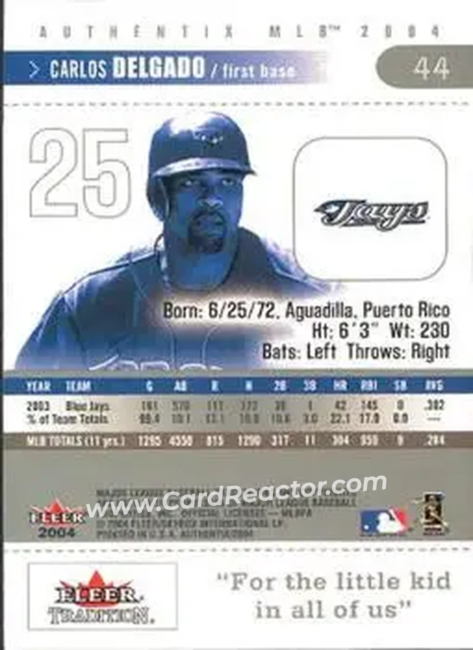2004 Fleer Authentix #44 - Carlos Delgado - Toronto Blue Jays - Back