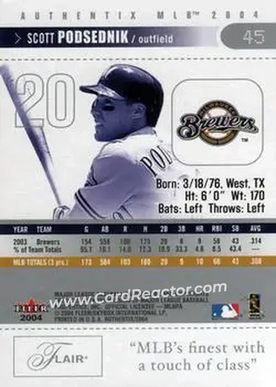 2004 Fleer Authentix #45 - Scott Podsednik - Milwaukee Brewers - Back 2004 Fleer Authentix #45 - Scott Podsednik - Milwaukee Brewers - Back