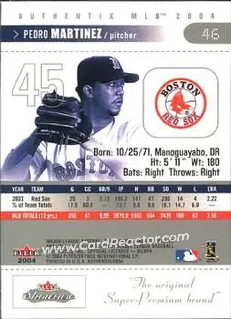 2004 Fleer Authentix #46 - Pedro Martinez - Boston Red Sox - Back 2004 Fleer Authentix #46 - Pedro Martinez - Boston Red Sox - Back