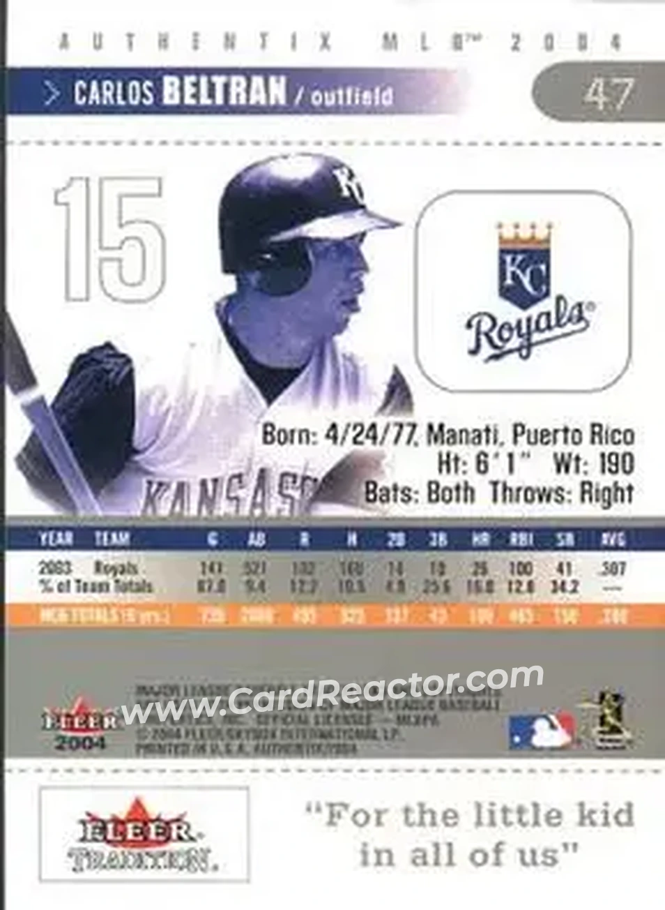 2004 Fleer Authentix #47 - Carlos Beltran - Kansas City Royals - Back