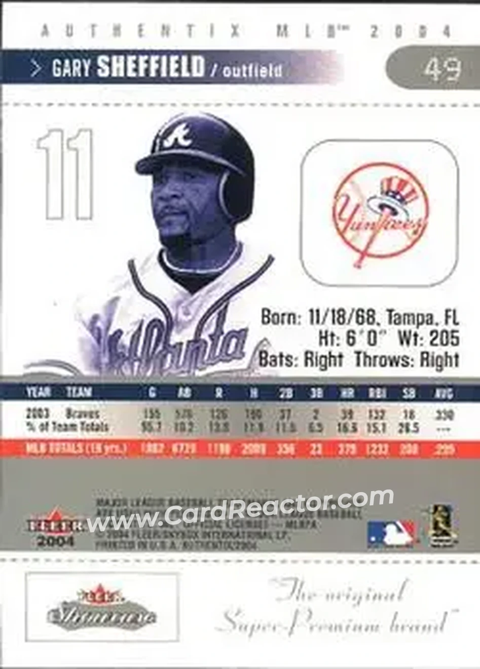2004 Fleer Authentix #49 - Gary Sheffield - New York Yankees - Back