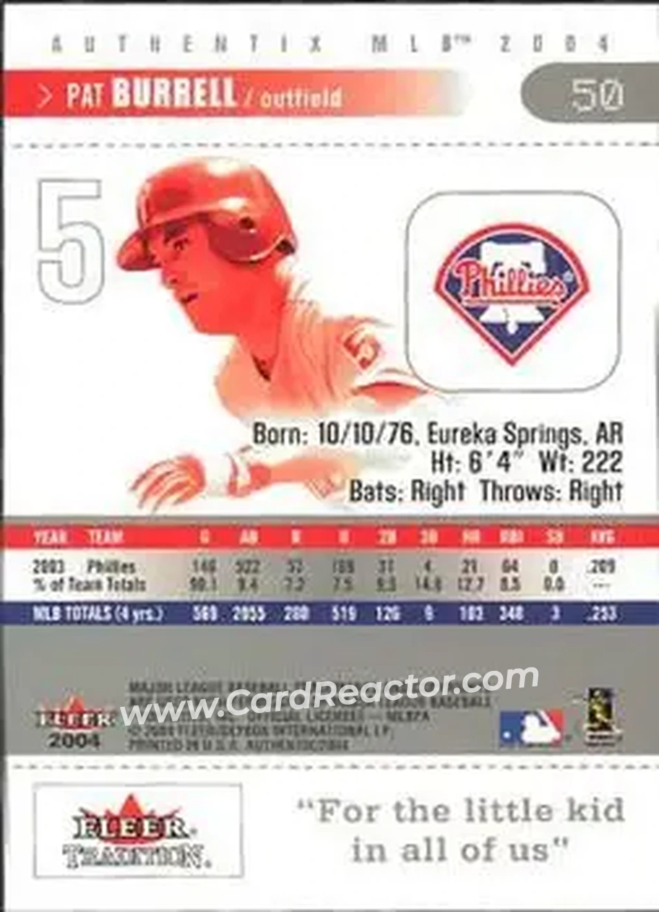 2004 Fleer Authentix #50 - Pat Burrell - Philadelphia Phillies - Back