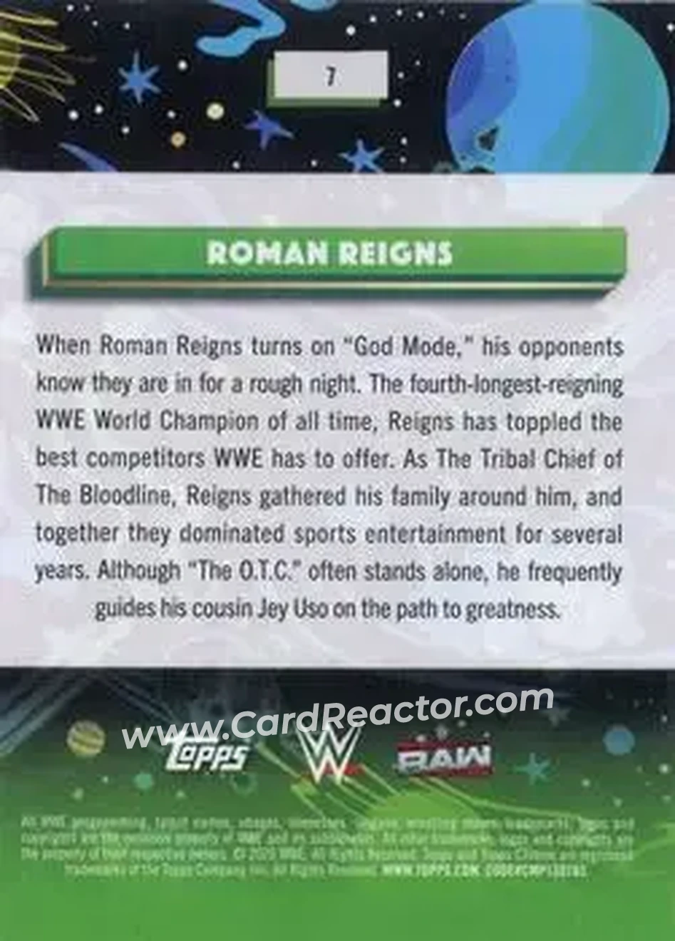 2026 Topps Chrome Cosmic WWE #7 - Roman Reigns - Back 2026 Topps Chrome Cosmic WWE #7 - Roman Reigns - Back