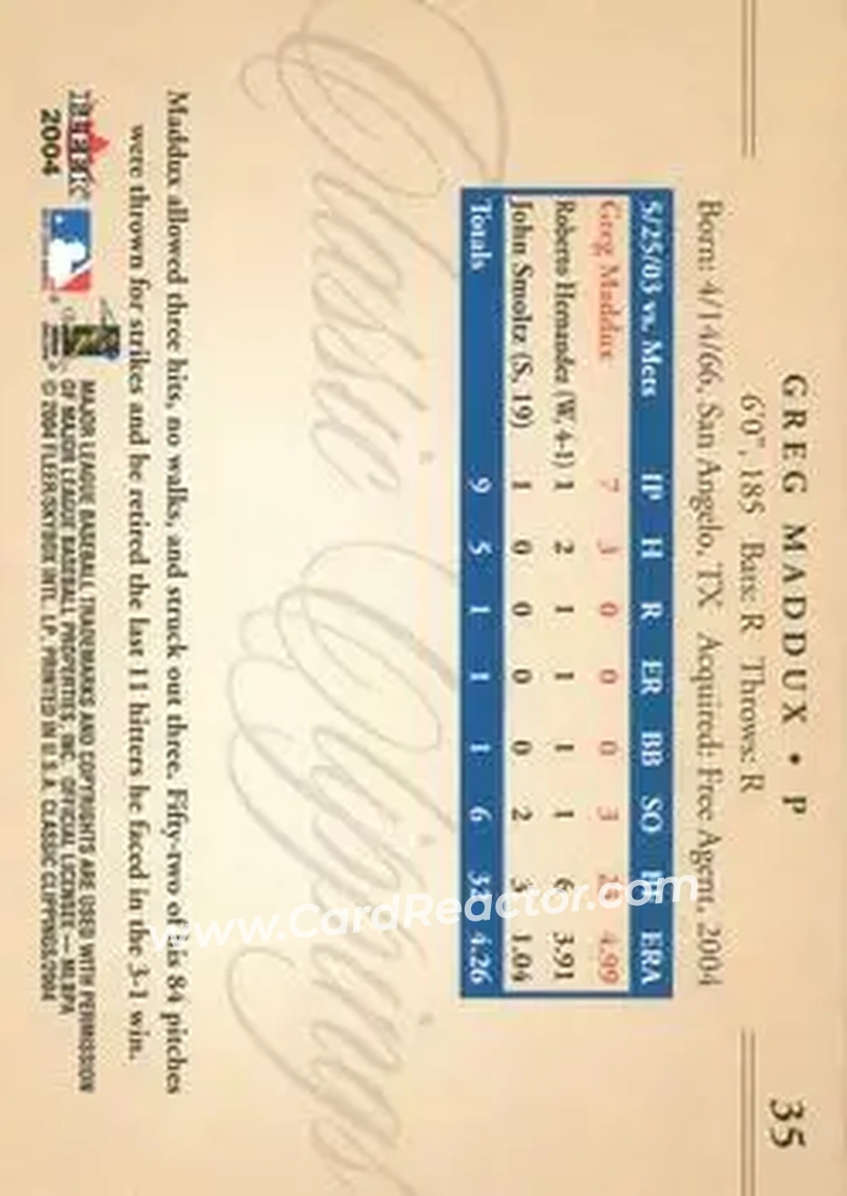 2004 Fleer Classic Clippings #35 - Greg Maddux - Chicago Cubs - Back 2004 Fleer Classic Clippings #35 - Greg Maddux - Chicago Cubs - Back