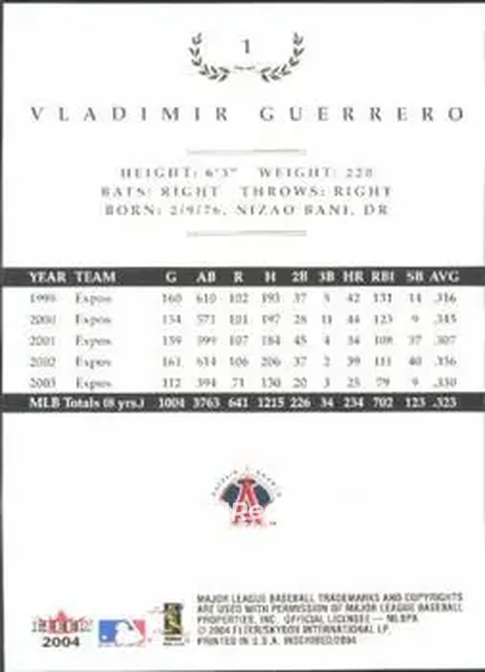 2004 Fleer InScribed #1 - Vladimir Guerrero - Anaheim Angels - Back