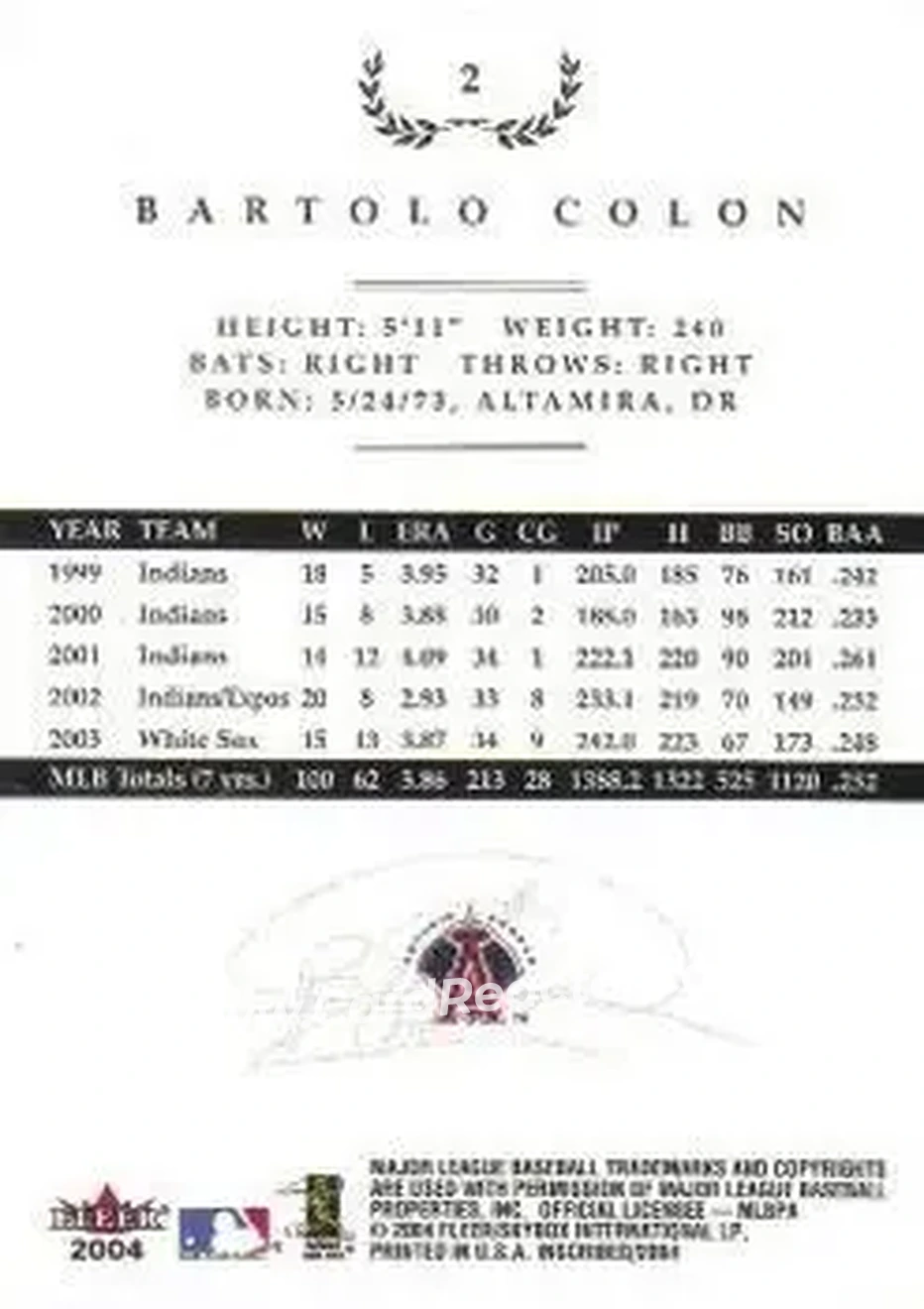 2004 Fleer InScribed #2 - Bartolo Colon - Anaheim Angels - Back