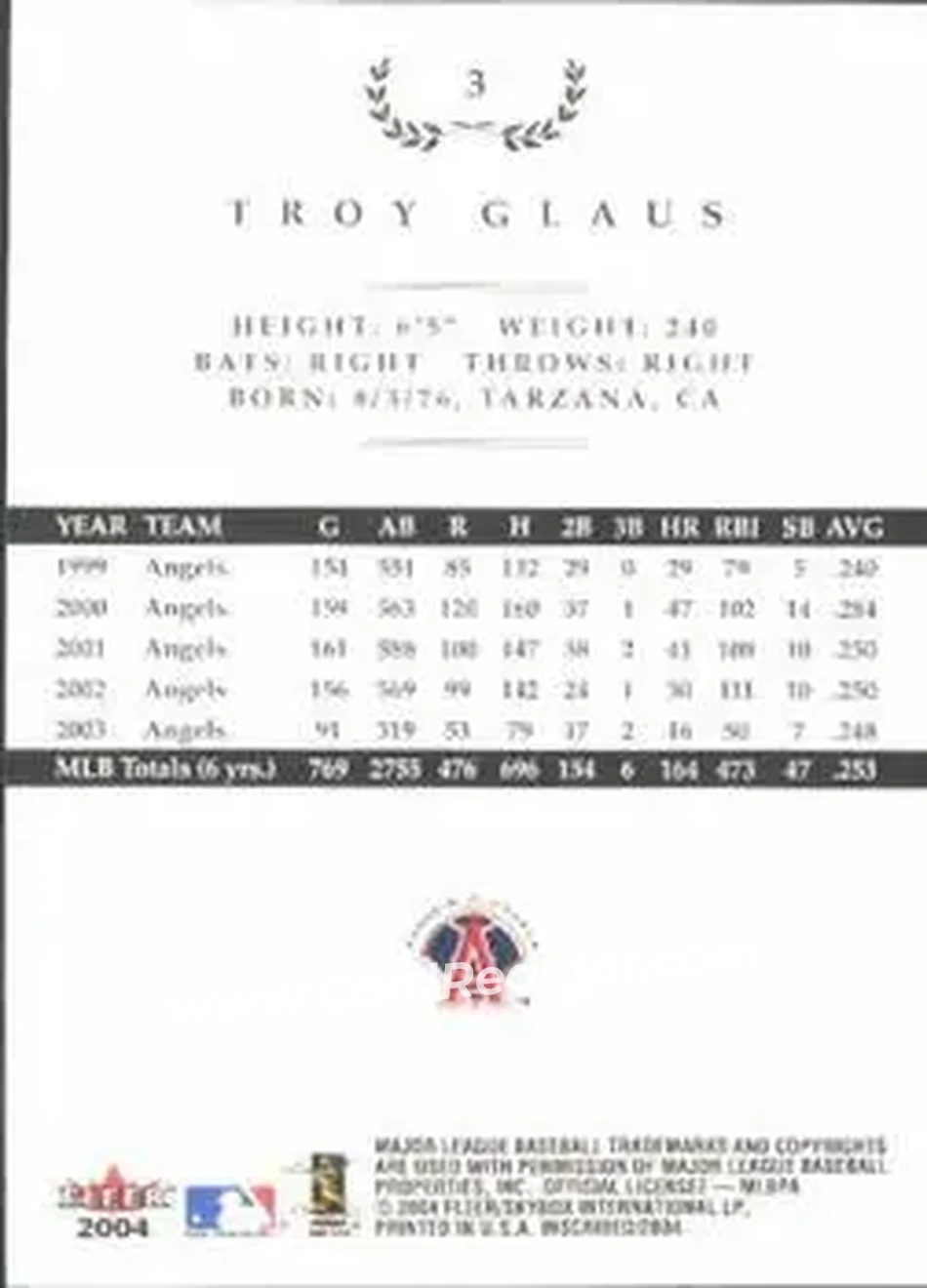 2004 Fleer InScribed #3 - Troy Glaus - Anaheim Angels - Back