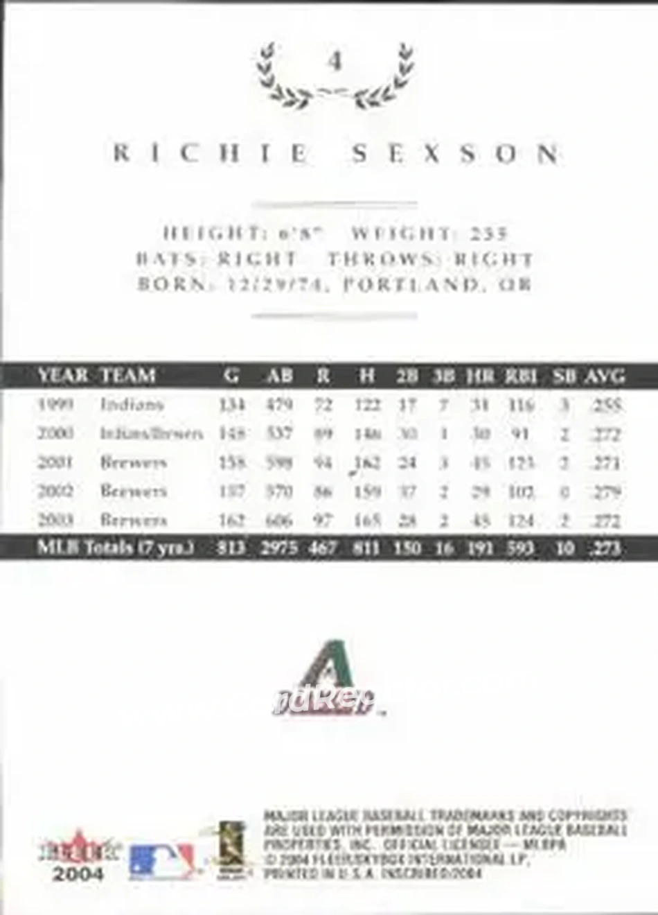 2004 Fleer InScribed #4 - Richie Sexson - Arizona Diamondbacks - Back