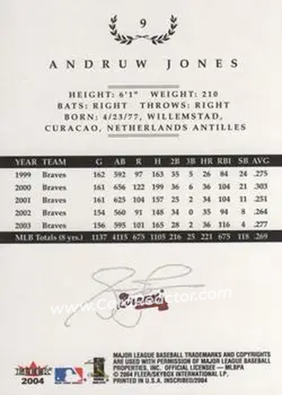 2004 Fleer InScribed #9 - Andruw Jones - Atlanta Braves - Back