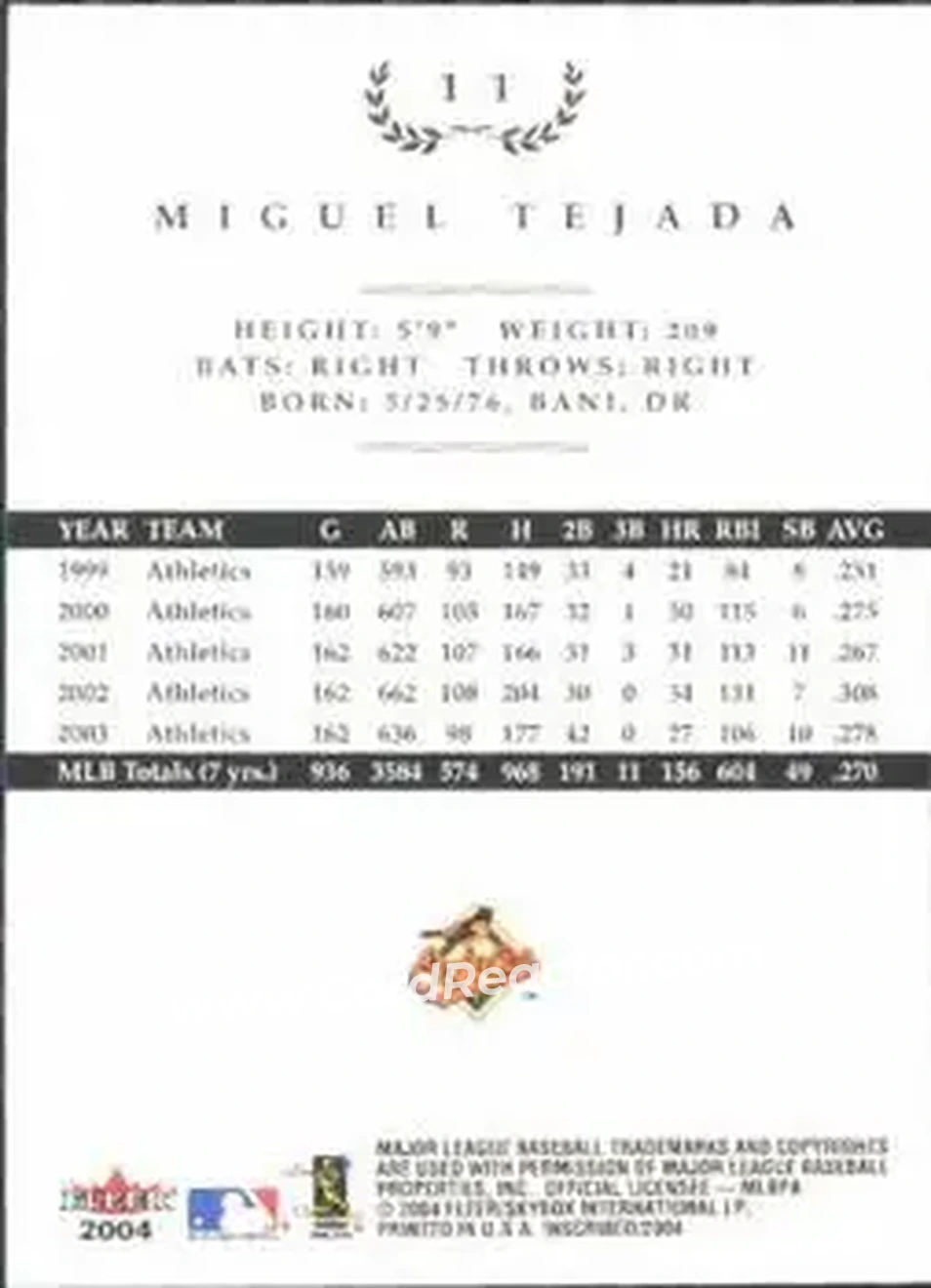 2004 Fleer InScribed #11 - Miguel Tejada - Baltimore Orioles - Back