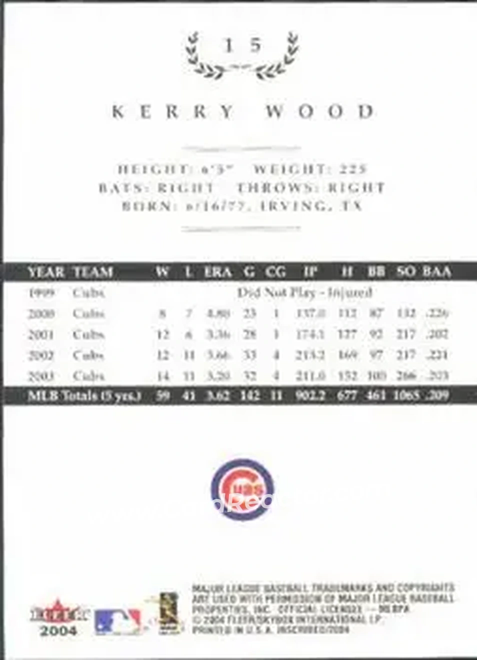 2004 Fleer InScribed #15 - Kerry Wood - Chicago Cubs - Back