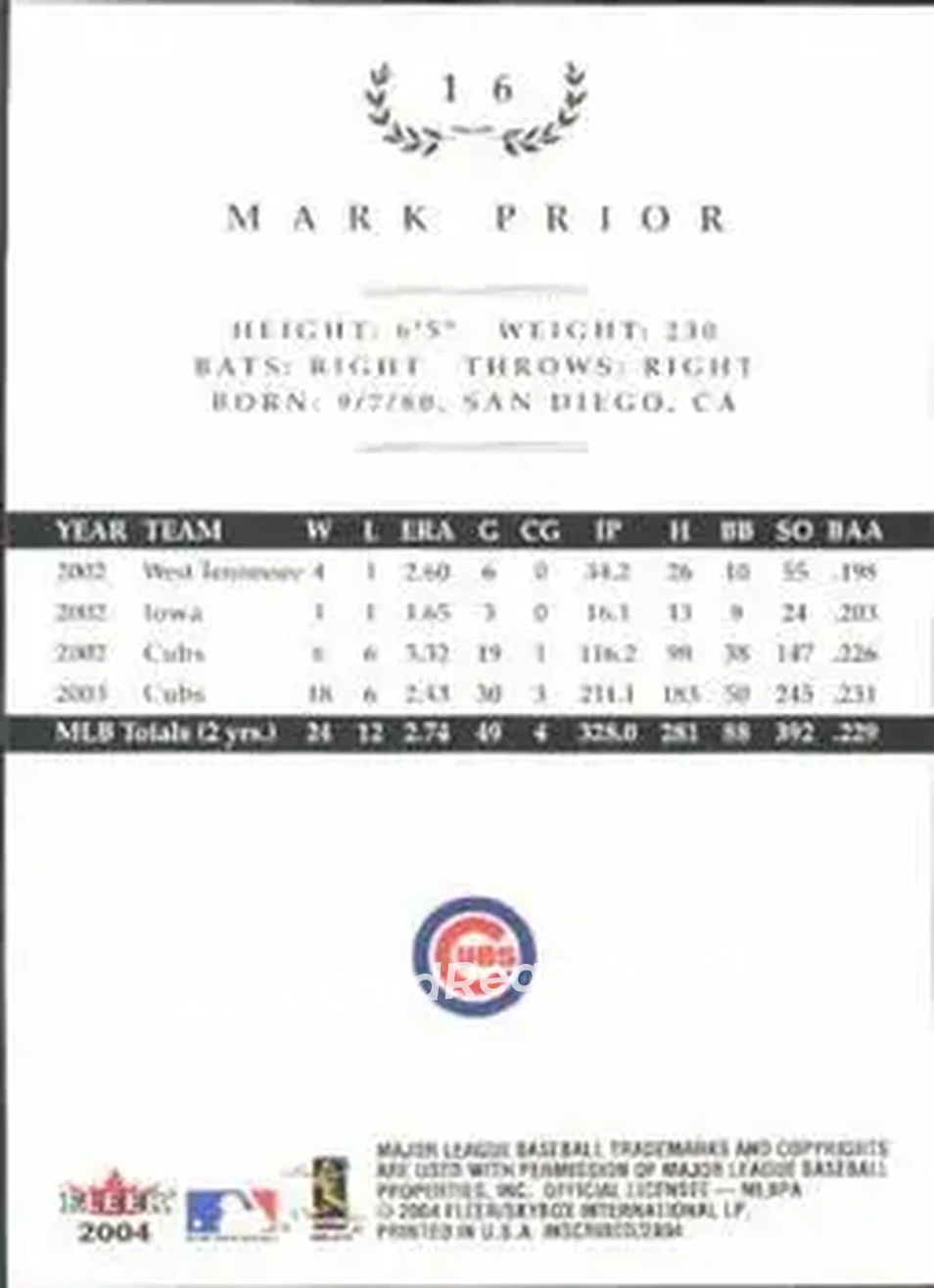 2004 Fleer InScribed #16 - Mark Prior - Chicago Cubs - Back 2004 Fleer InScribed #16 - Mark Prior - Chicago Cubs - Back