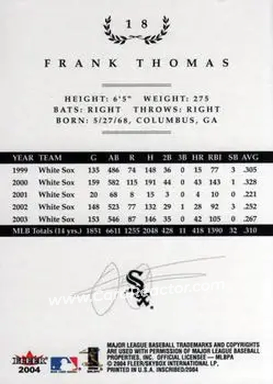 2004 Fleer InScribed #18 - Frank Thomas - Chicago White Sox - Back