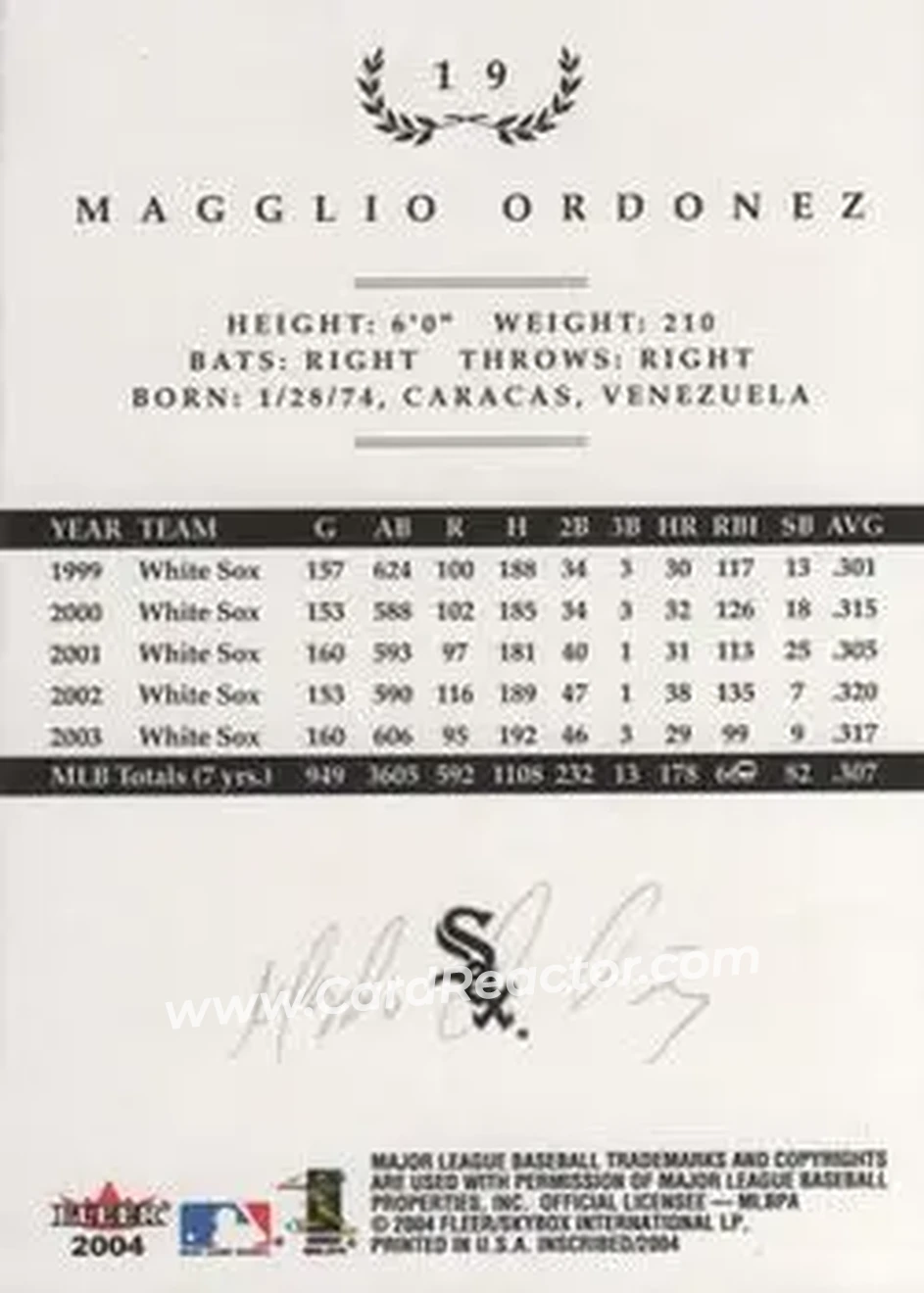 2004 Fleer InScribed #19 - Magglio Ordonez - Chicago White Sox - Back 2004 Fleer InScribed #19 - Magglio Ordonez - Chicago White Sox - Back