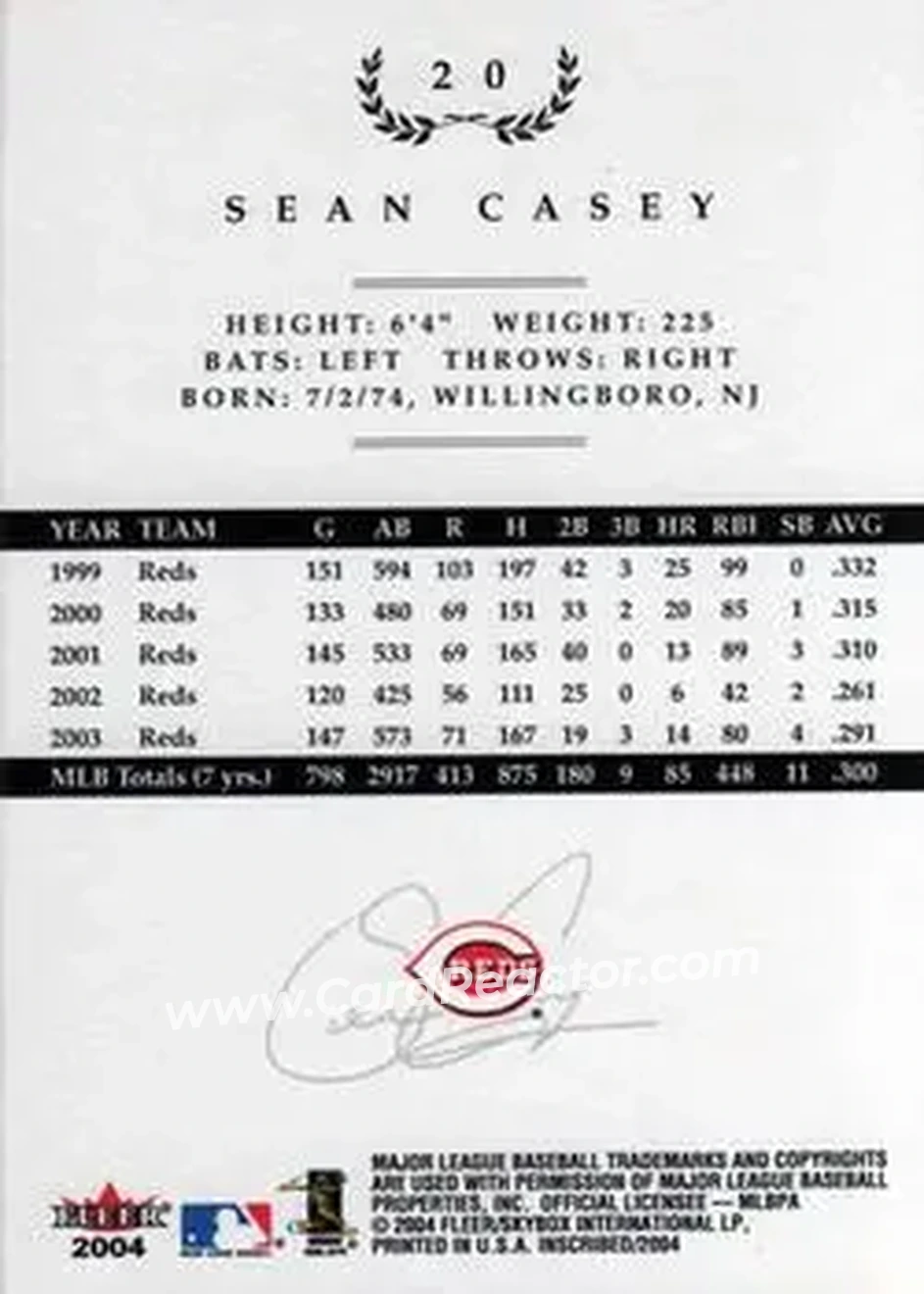 2004 Fleer InScribed #20 - Sean Casey - Cincinnati Reds - Back