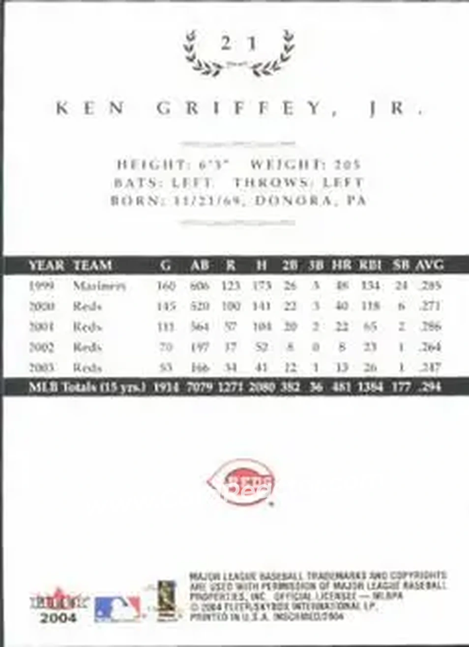 2004 Fleer InScribed #21 - Ken Griffey Jr. - Cincinnati Reds - Back