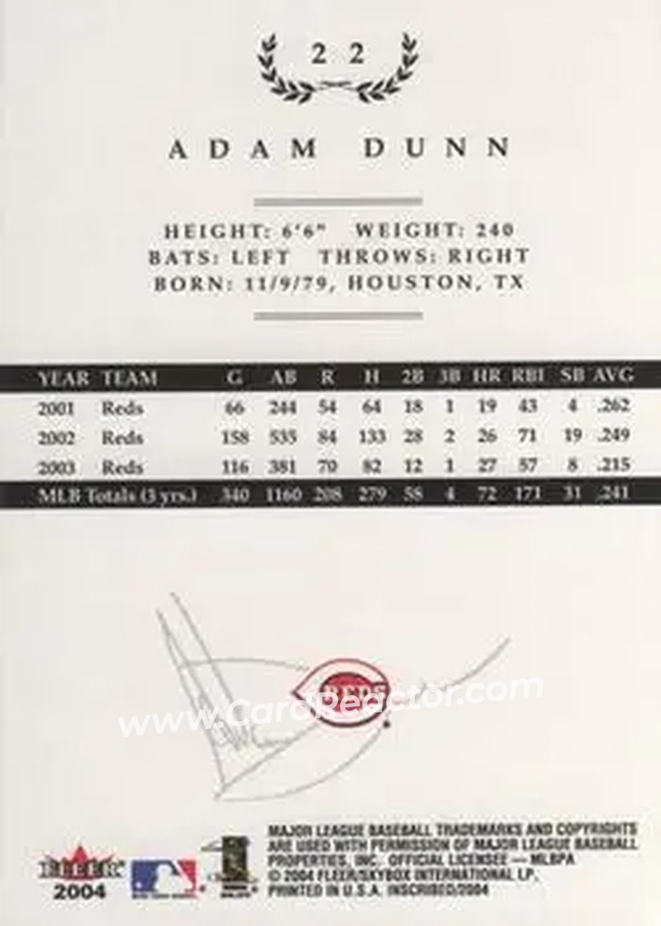 2004 Fleer InScribed #22 - Adam Dunn - Cincinnati Reds - Back