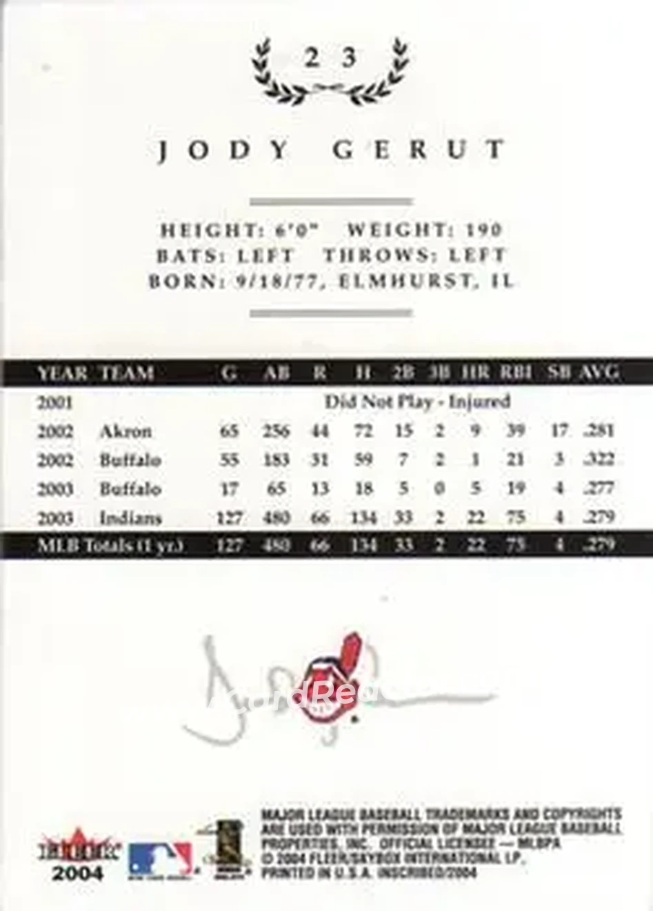 2004 Fleer InScribed #23 - Jody Gerut - Cleveland Indians - Back