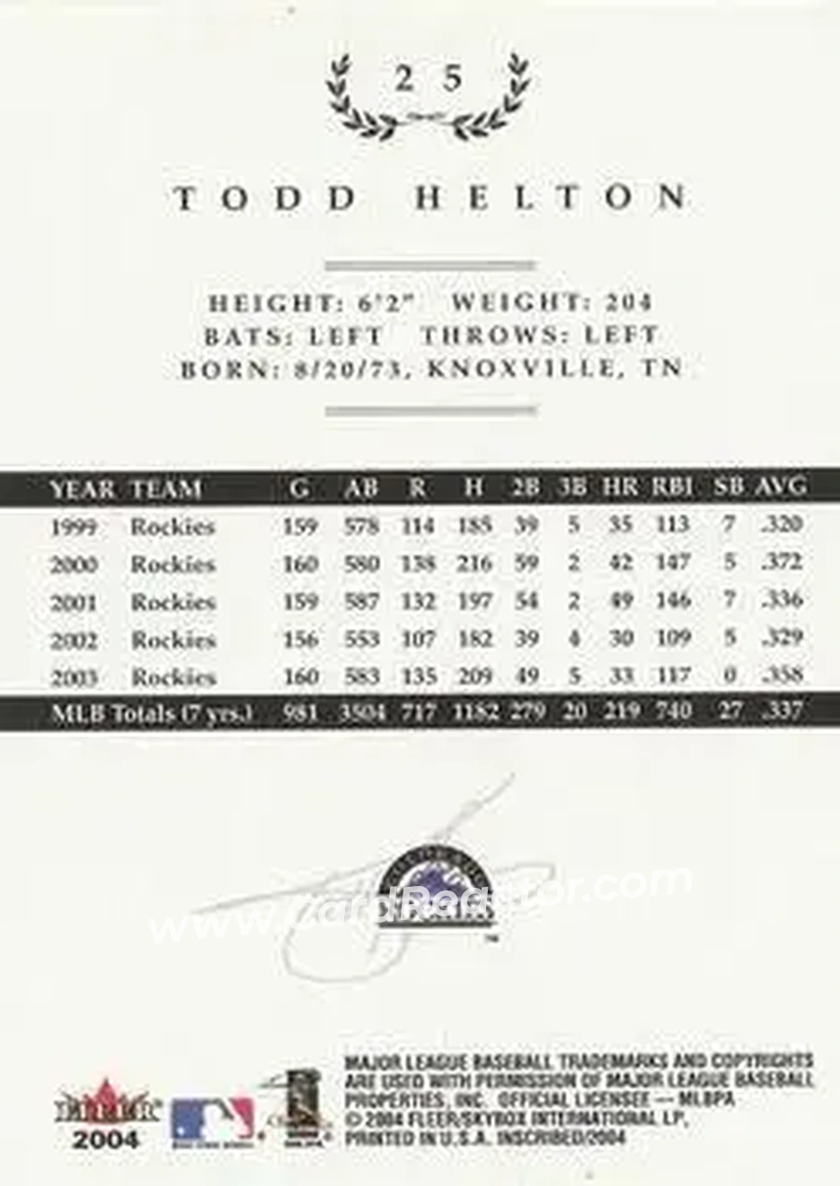 2004 Fleer InScribed #25 - Todd Helton - Colorado Rockies - Back