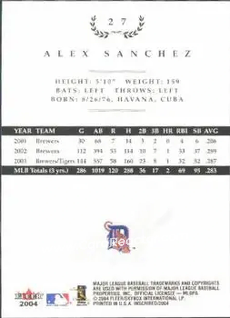 2004 Fleer InScribed #27 - Alex Sanchez - Detroit Tigers - Back