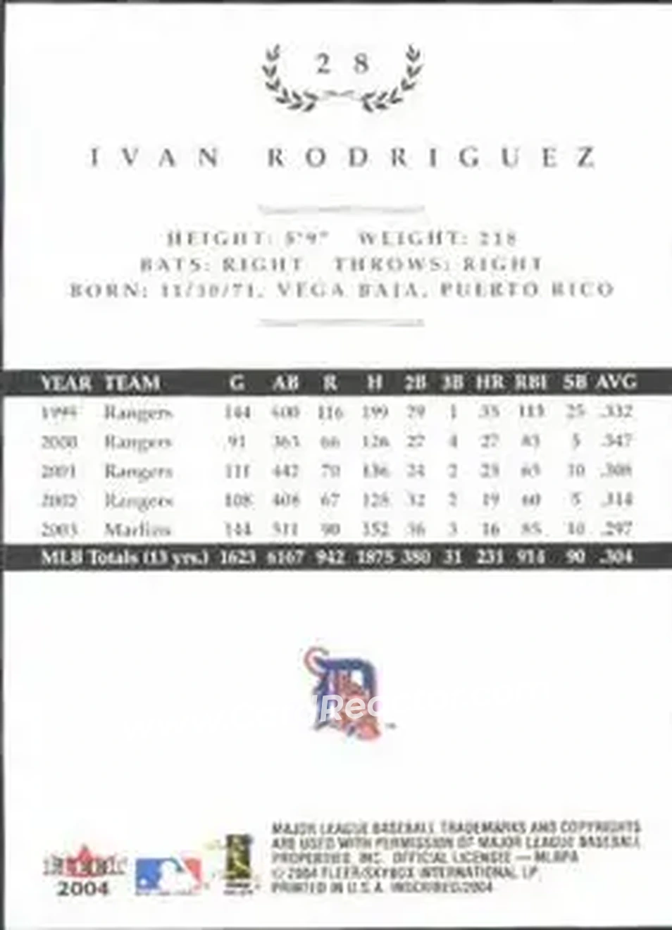 2004 Fleer InScribed #28 - Ivan Rodriguez - Detroit Tigers - Back 2004 Fleer InScribed #28 - Ivan Rodriguez - Detroit Tigers - Back