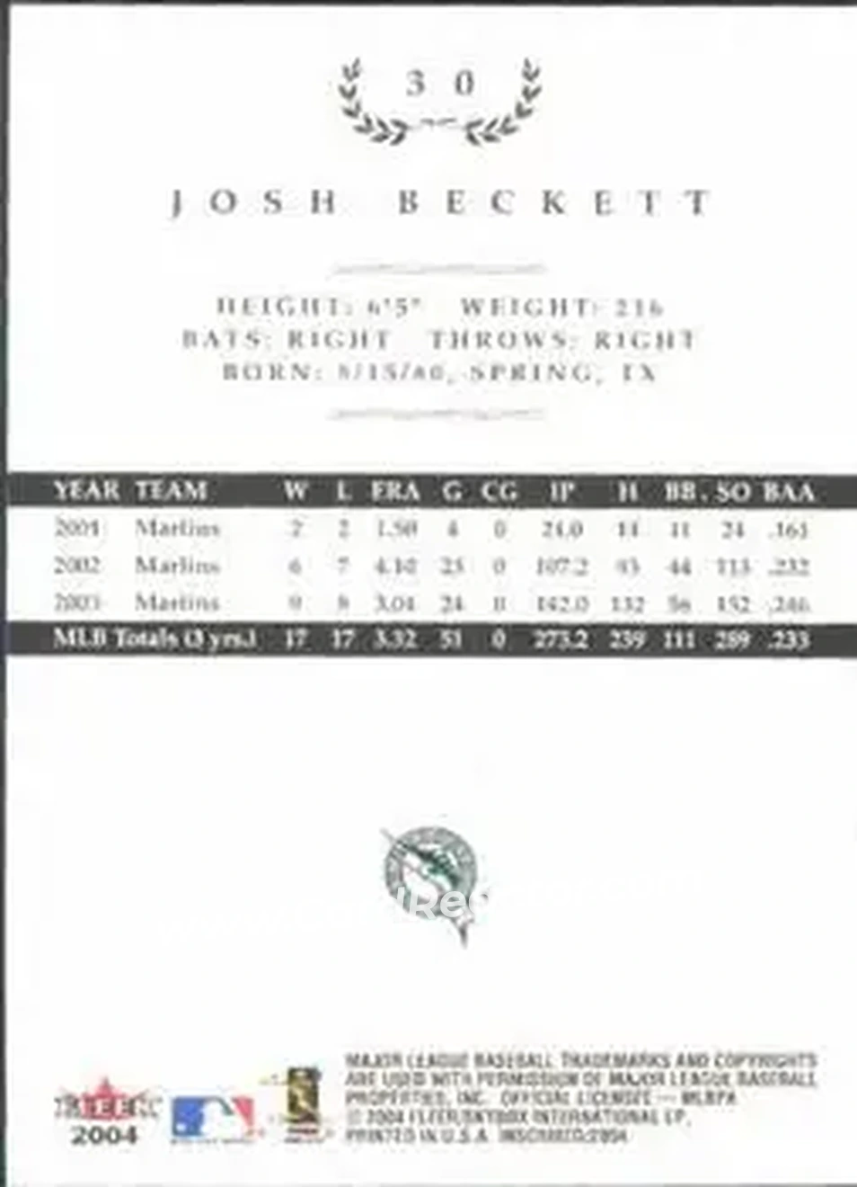 2004 Fleer InScribed #30 - Josh Beckett - Florida Marlins - Back 2004 Fleer InScribed #30 - Josh Beckett - Florida Marlins - Back