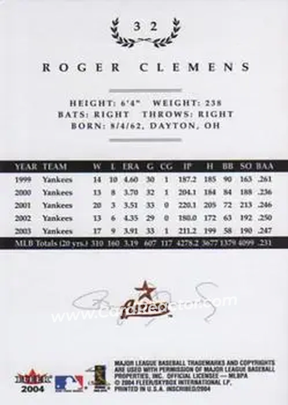 2004 Fleer InScribed #32 - Roger Clemens - Houston Astros - Back 2004 Fleer InScribed #32 - Roger Clemens - Houston Astros - Back