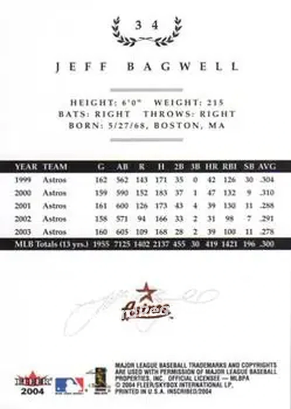 2004 Fleer InScribed #34 - Jeff Bagwell - Houston Astros - Back
