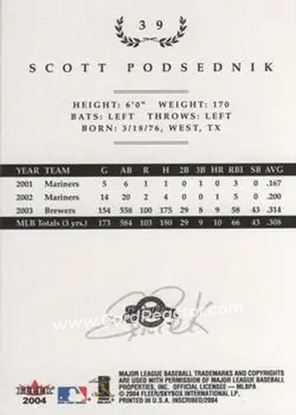 2004 Fleer InScribed #39 - Scott Podsednik - Milwaukee Brewers - Back 2004 Fleer InScribed #39 - Scott Podsednik - Milwaukee Brewers - Back