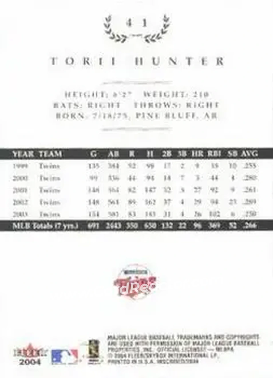 2004 Fleer InScribed #41 - Torii Hunter - Minnesota Twins - Back 2004 Fleer InScribed #41 - Torii Hunter - Minnesota Twins - Back