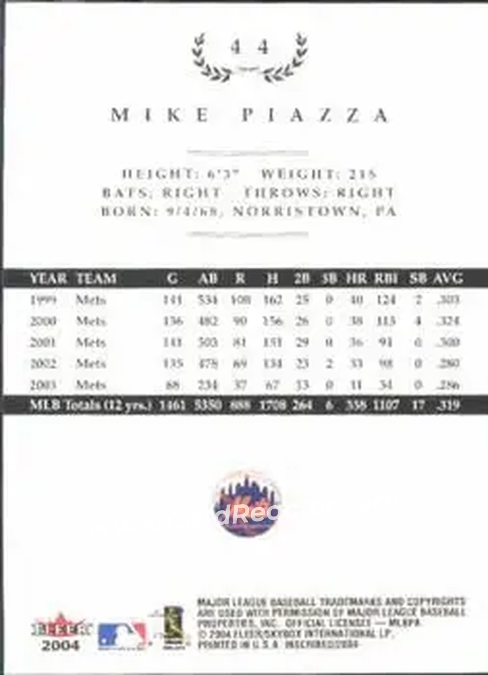 2004 Fleer InScribed #44 - Mike Piazza - New York Mets - Back 2004 Fleer InScribed #44 - Mike Piazza - New York Mets - Back