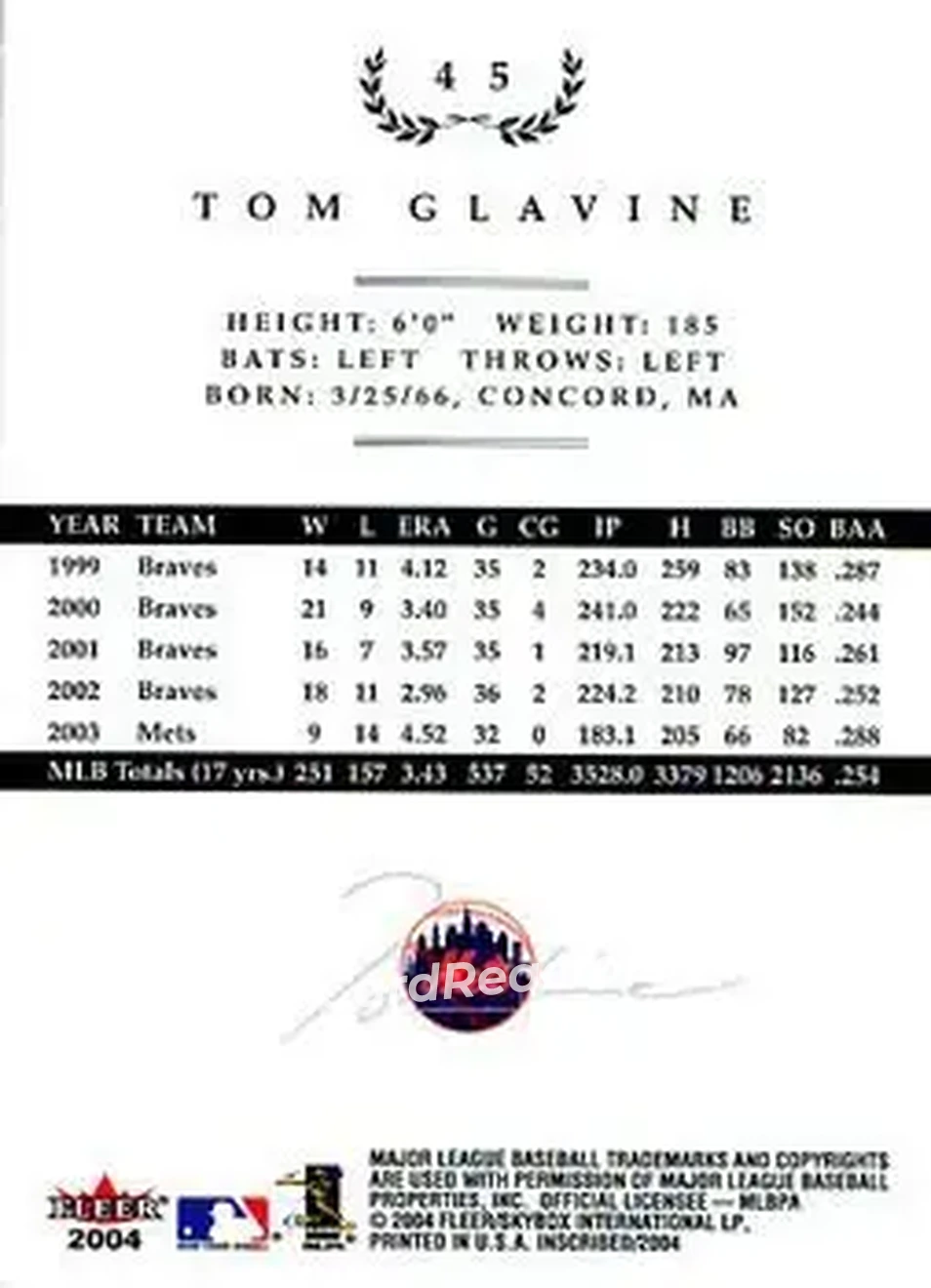 2004 Fleer InScribed #45 - Tom Glavine - New York Mets - Back