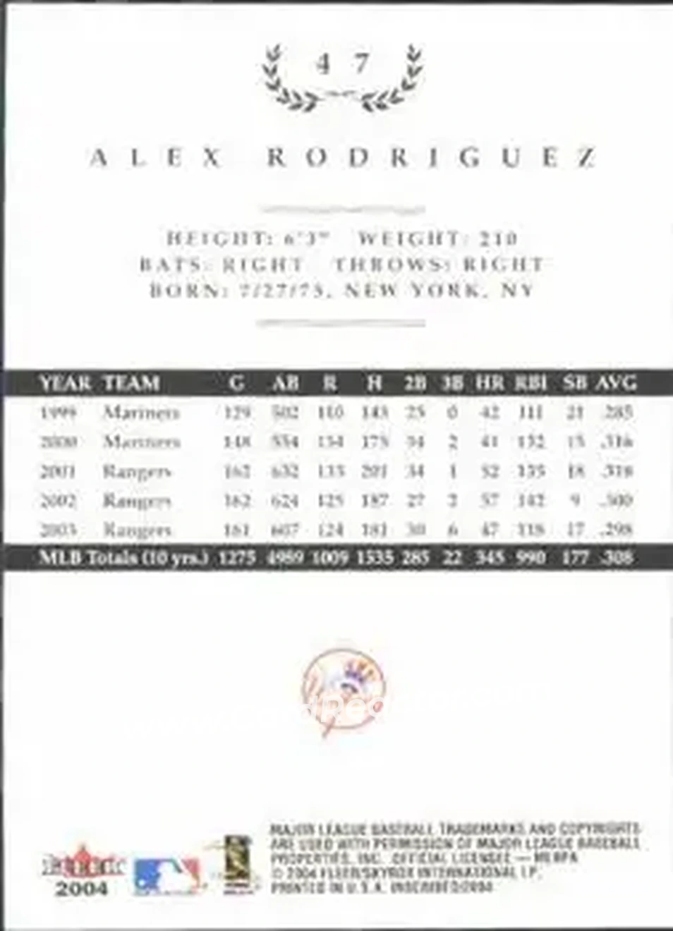 2004 Fleer InScribed #47 - Alex Rodriguez - New York Yankees - Back 2004 Fleer InScribed #47 - Alex Rodriguez - New York Yankees - Back