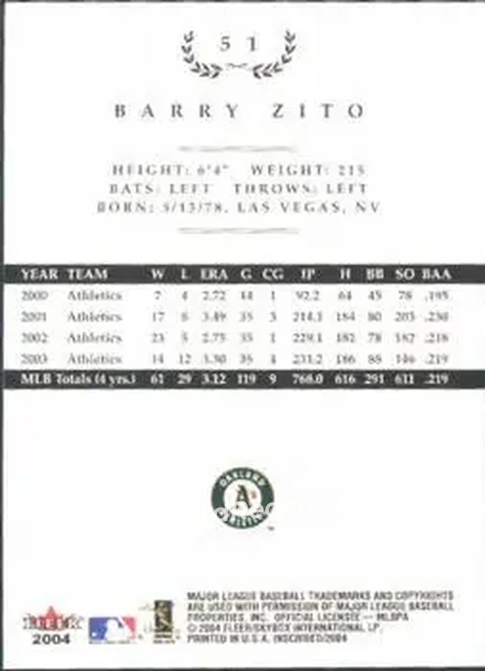 2004 Fleer InScribed #51 - Barry Zito - Oakland Athletics - Back 2004 Fleer InScribed #51 - Barry Zito - Oakland Athletics - Back