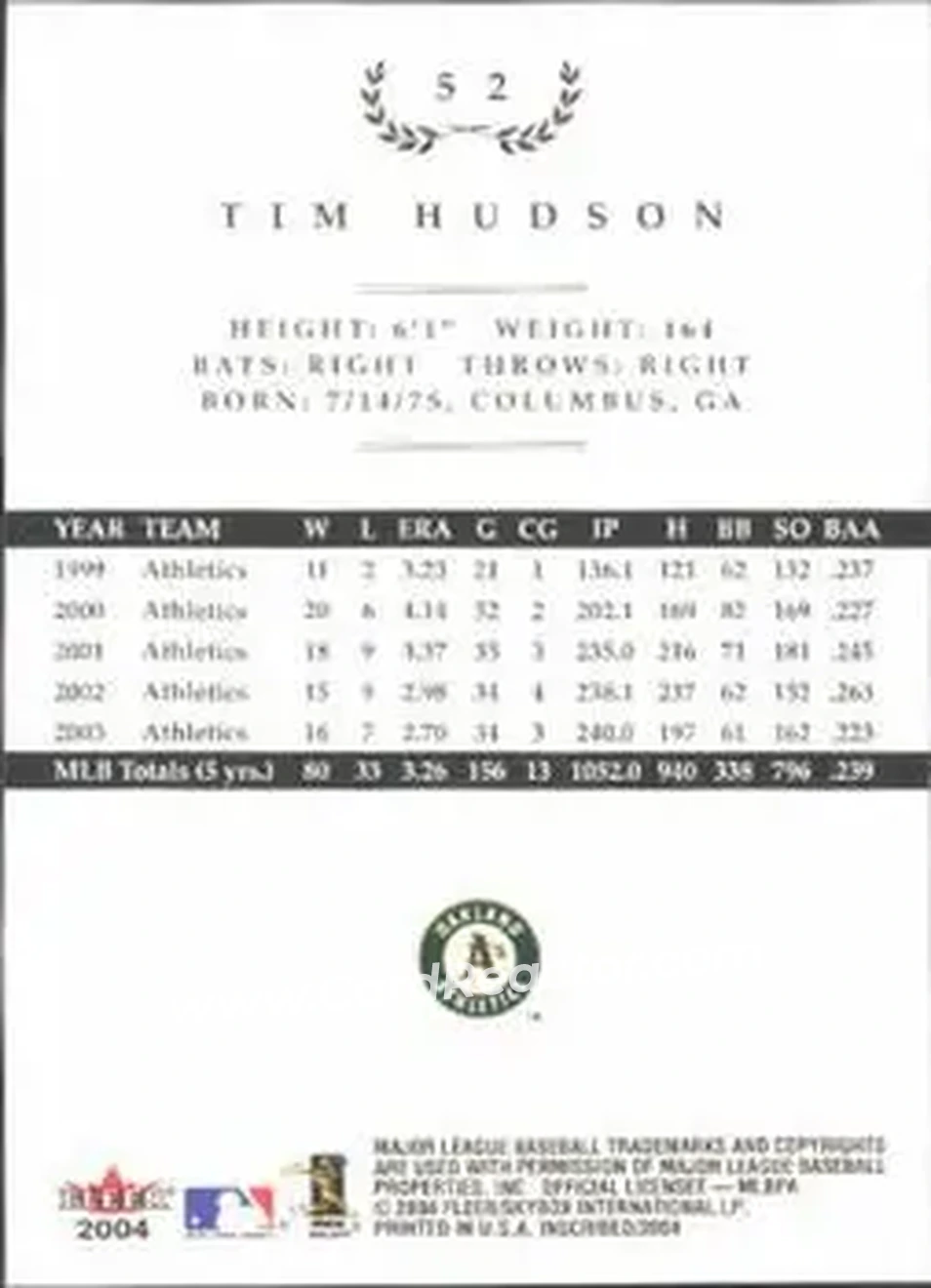2004 Fleer InScribed #52 - Tim Hudson - Oakland Athletics - Back