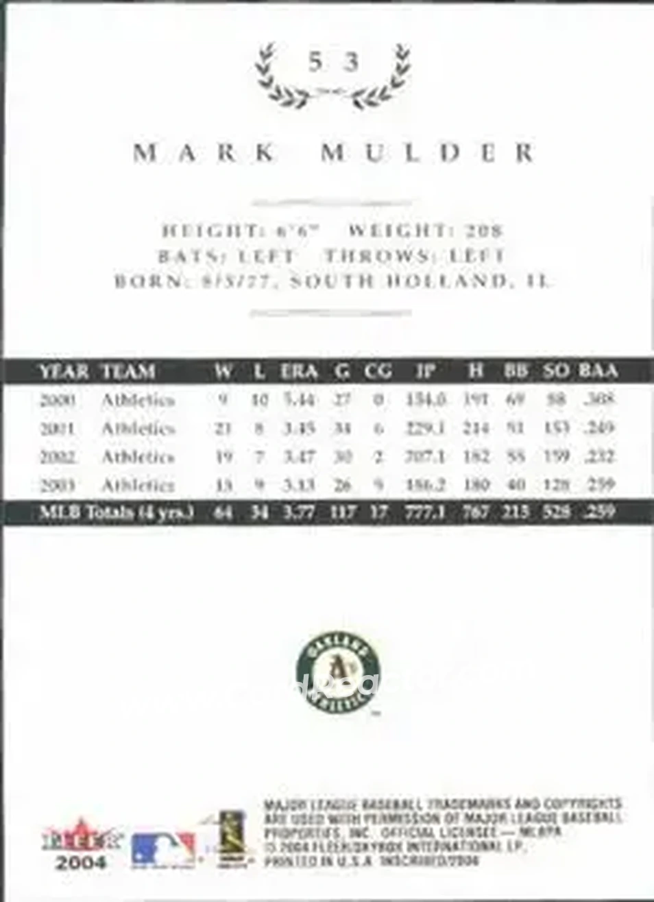 2004 Fleer InScribed #53 - Mark Mulder - Oakland Athletics - Back
